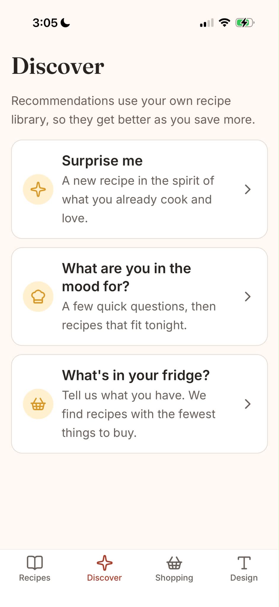Discover screen offering Surprise me, What are you in the mood for, and What's in your fridge