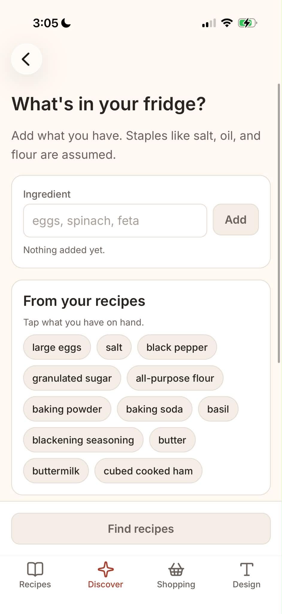 Ingredient entry screen with an Add button and selectable ingredients from saved recipes