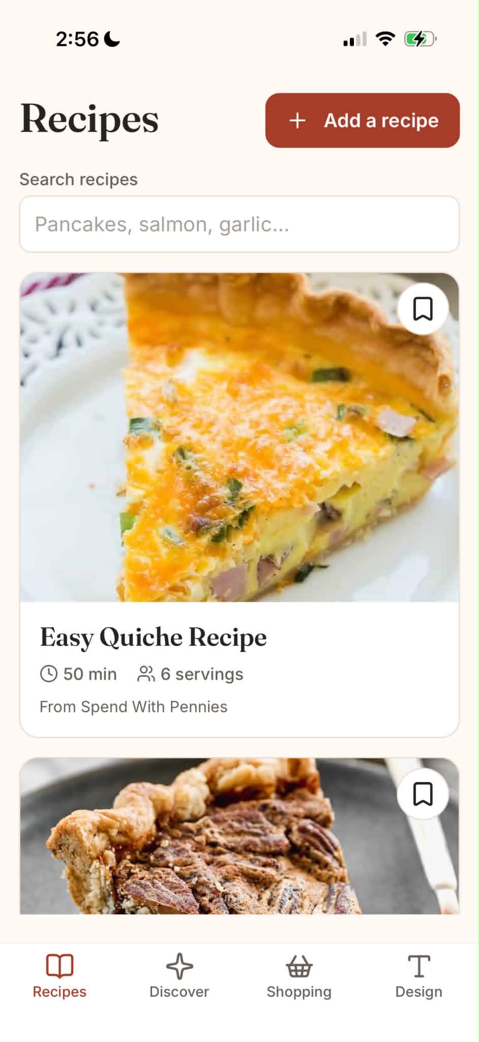 Cookability recipe library with search, an Add a recipe button, and recipe cards