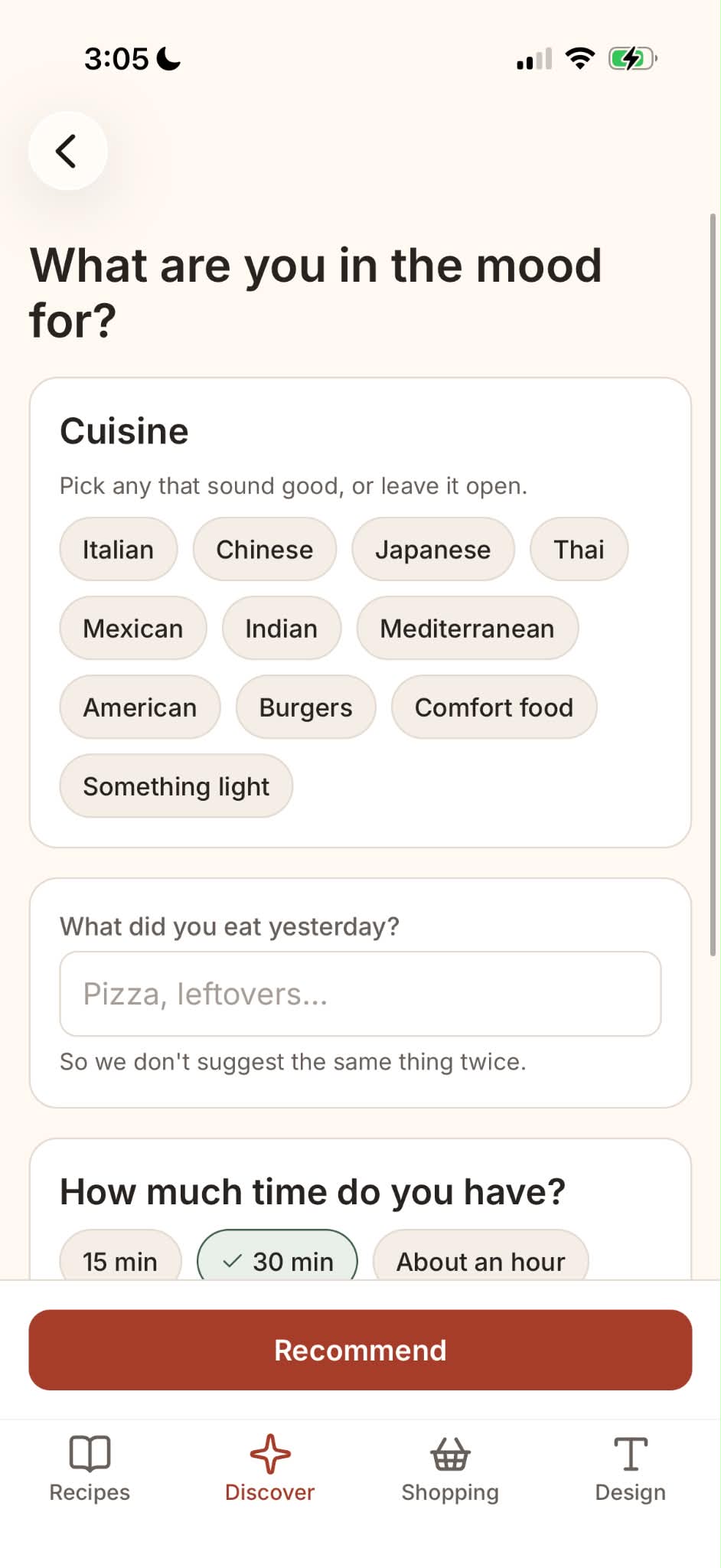 Cuisine choices, yesterday's meal input, and cooking-time preferences in Cookability